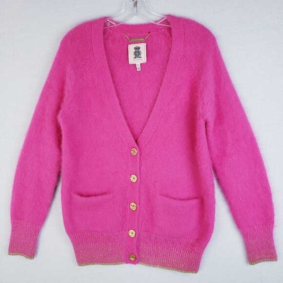 Juicy Couture Angora Blend Cardigan Longline Sweater Pink Fuzzy Soft size S - Picture 1 of 12